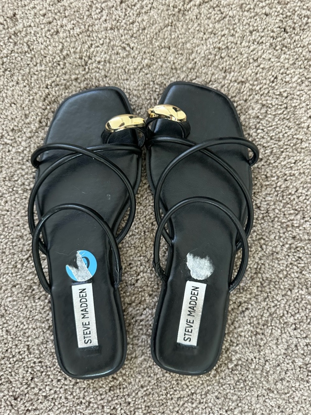 Steve Madden Black Strappy Square-Toe Slide Sandals with Gold Accent